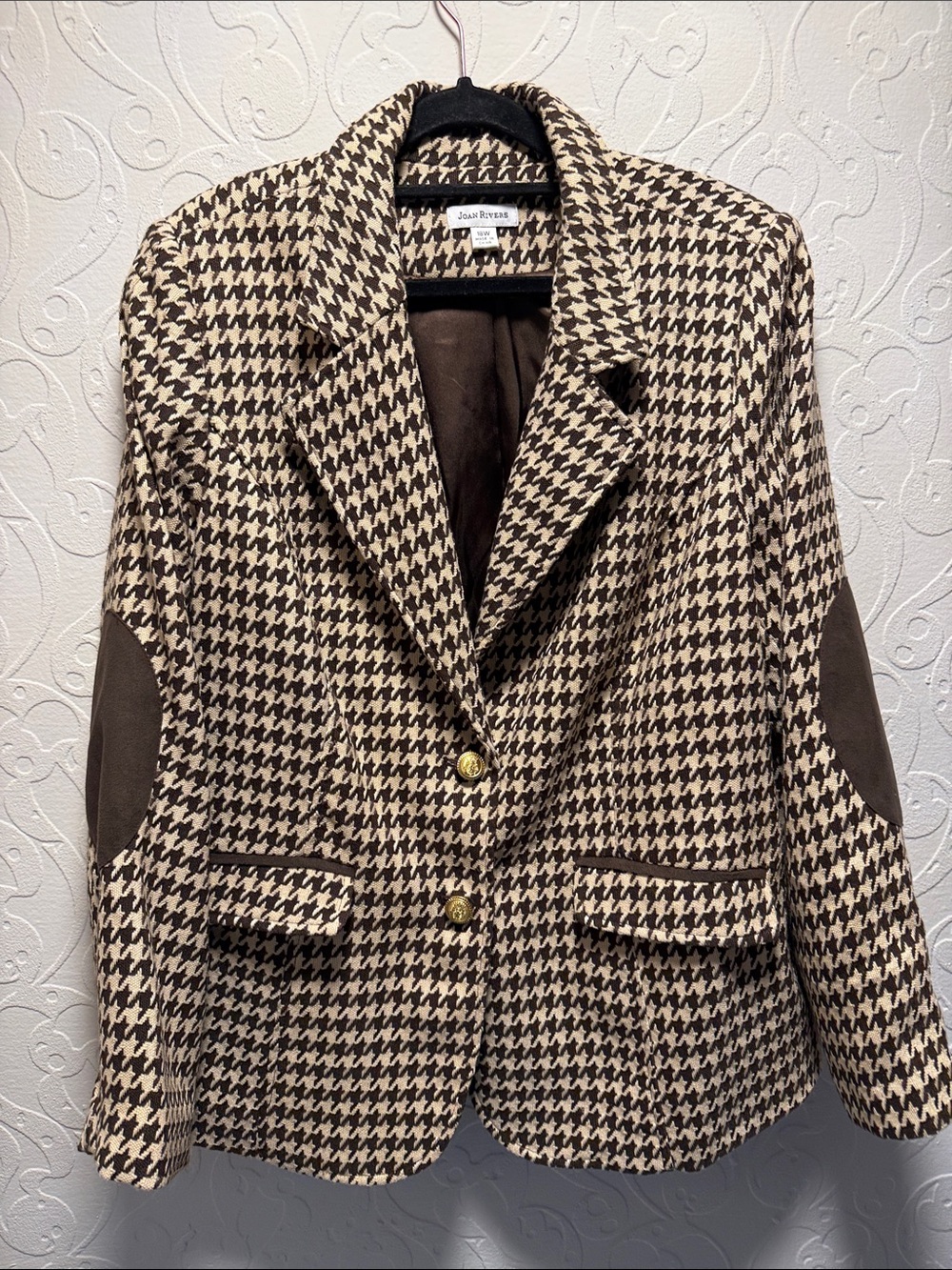 Joan Rivers Brown and Cream Houndstooth Blazer with Elbow Patches